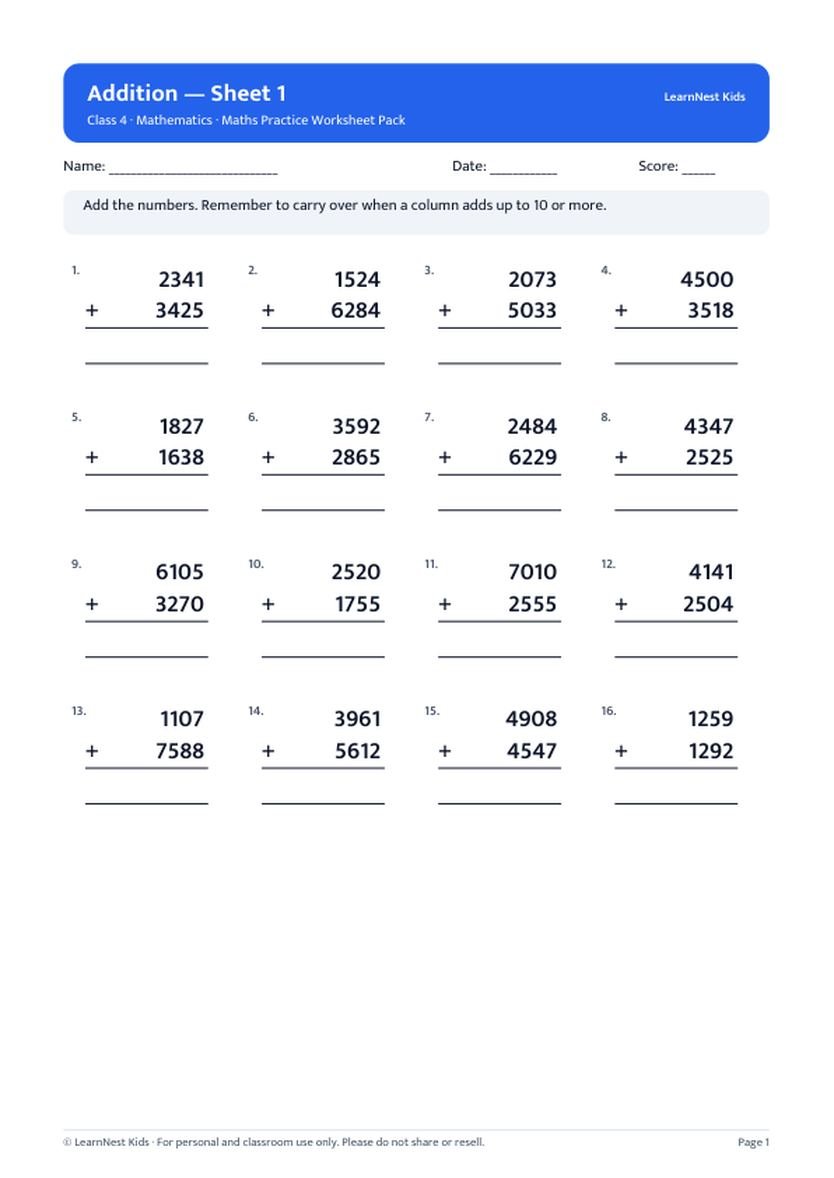 Class 4 Maths Practice Worksheet Pack — sample page 1