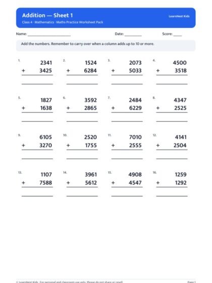 Class 4 Maths Practice Worksheet Pack — sample page 1