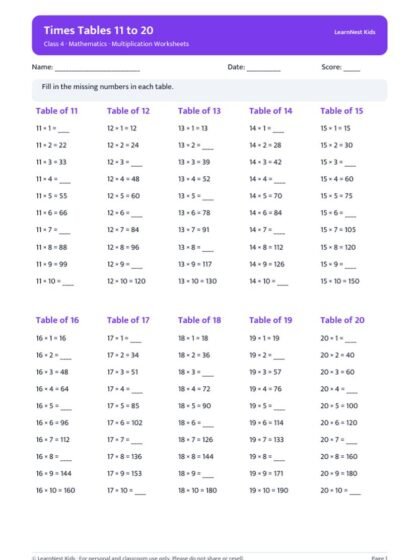 Class 4 Multiplication Worksheets — sample page 1