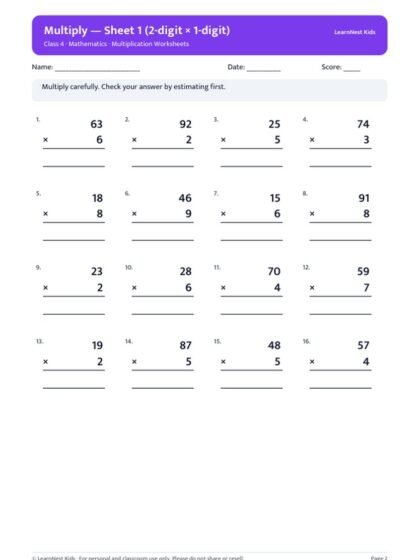 Class 4 Multiplication Worksheets — sample page 2