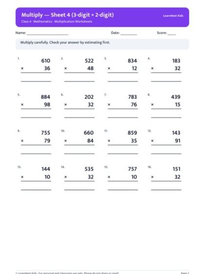 Class 4 Multiplication Worksheets — sample page 3